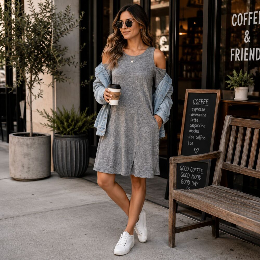 a.n.a. Gray Cold Shoulder Knit Dress Womens XL Stretch A-Line Casual